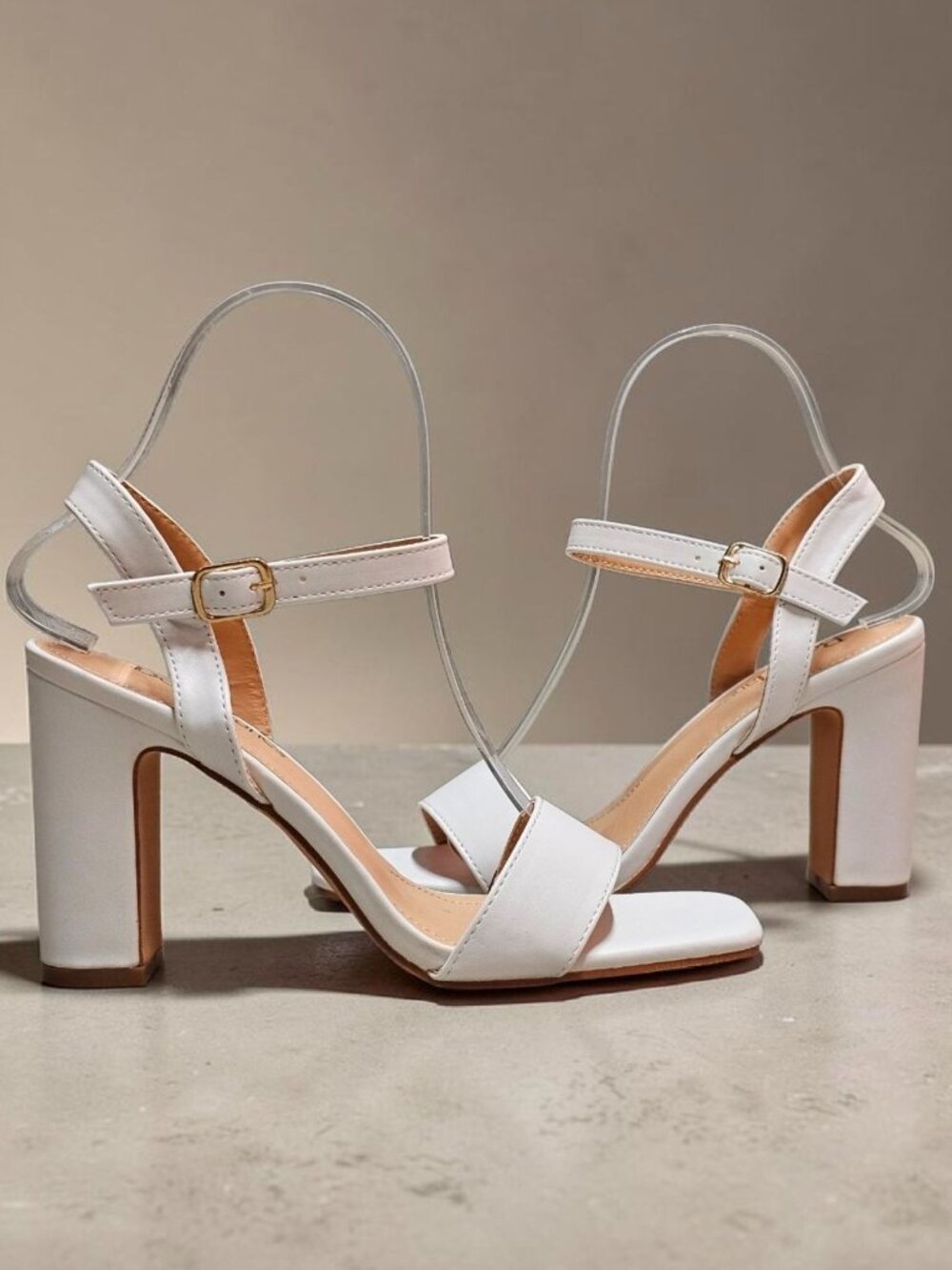 White Block Heeled Sandals With Adjustable Ankle Strap & Open Toe Design – Elega